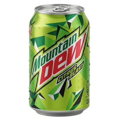 A 24 pack of Mountain Dew Citrus Blast 330ml cans, imported from the Netherlands, features a green geometric design and bold logo—perfect for soft drink wholesale.