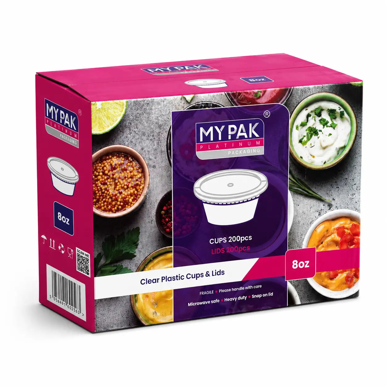 A box of Round Plastic Food Containers with Lids 8oz 200 Pack is shown, featuring clear containers and lids in microwave-safe packaging with food images.
