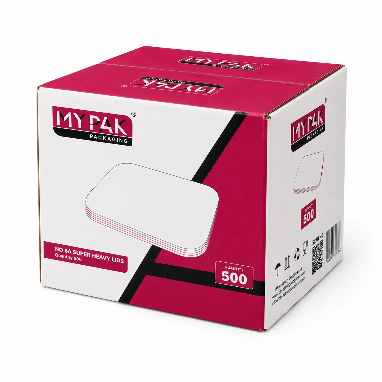 A closed "MYPAK Packaging" box contains 500 Aluminium Foil Container Lids No.6, mainly white and magenta with product images and text—ideal bulk food packaging for No.6A aluminium foil trays.