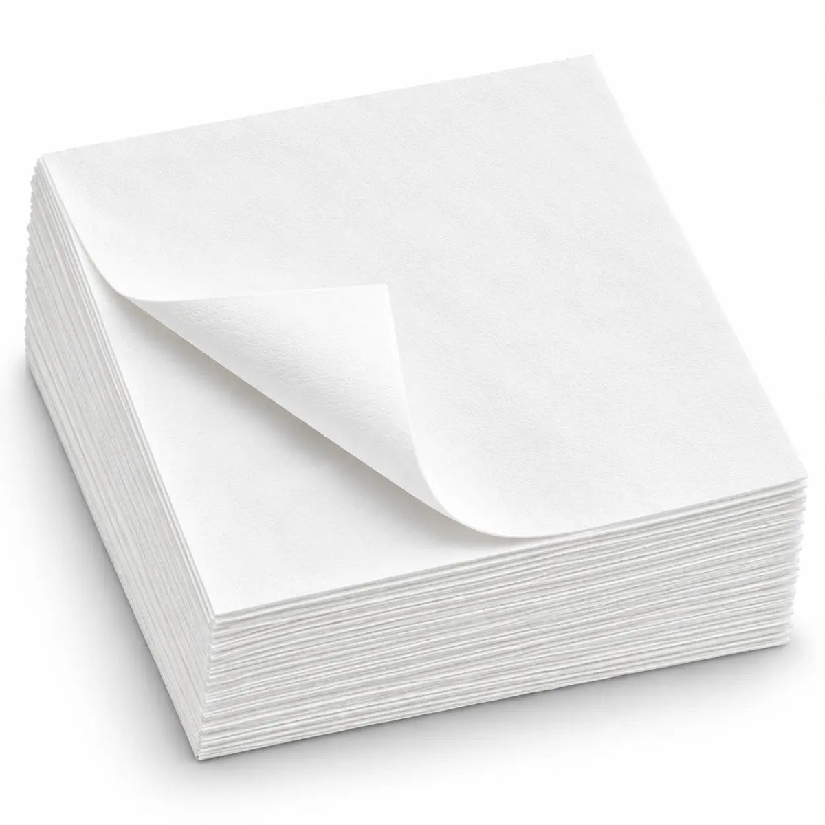 A stack of White Paper Napkins 2 Ply 40cm, with one corner lifted to showcase the napkins’ thickness and texture.