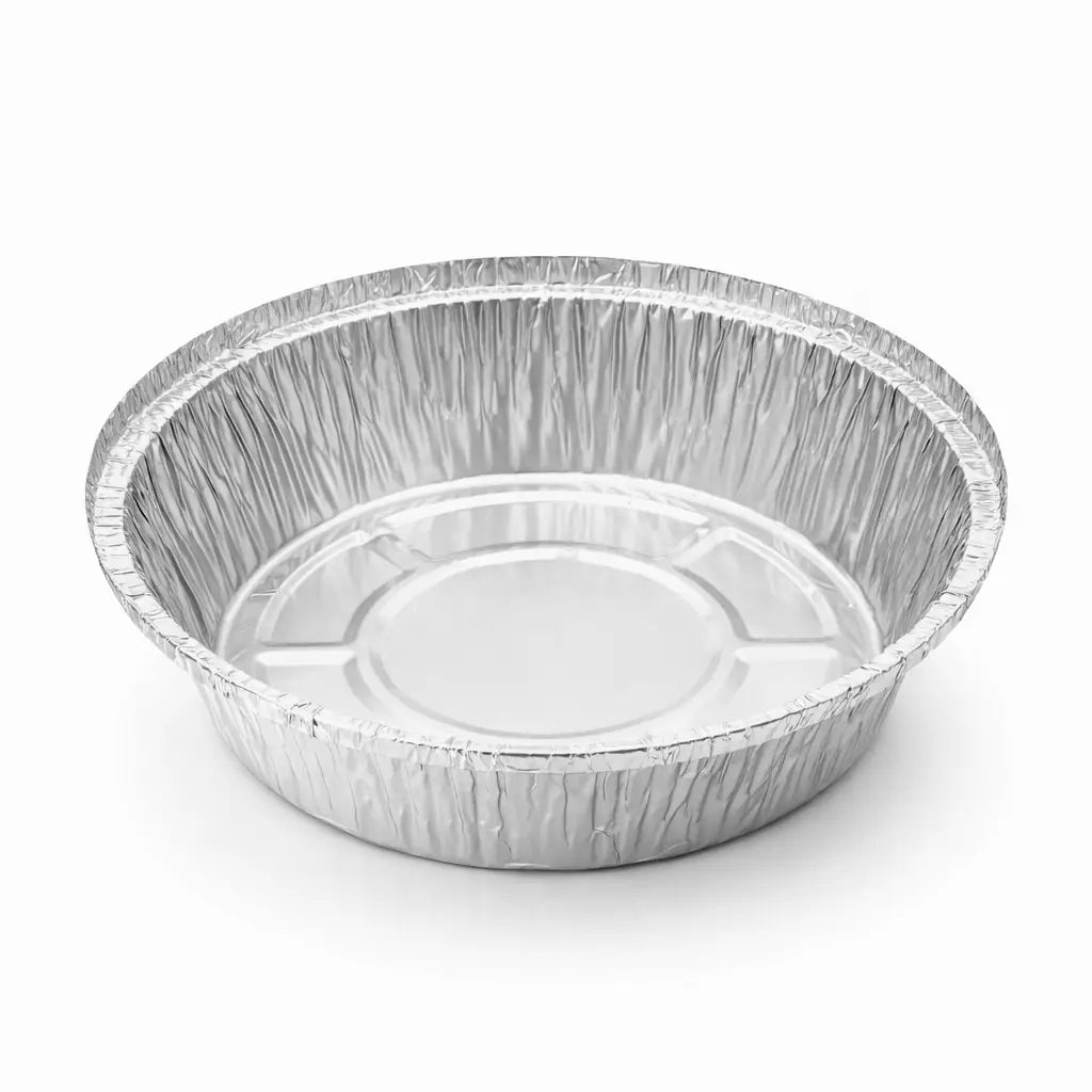 The Aluminium Foil Containers No.12 400 Pack features round, disposable containers with ribbed sides, perfect for takeaway food packaging, shown on a plain white background.