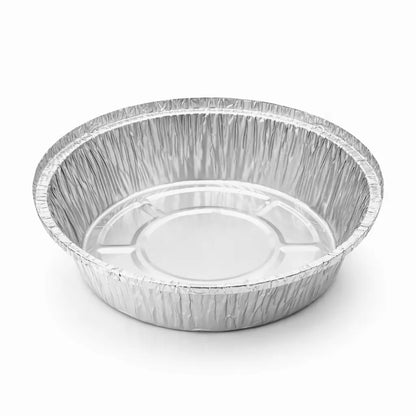 The Aluminium Foil Containers No.12 400 Pack features round, disposable containers with ribbed sides, perfect for takeaway food packaging, shown on a plain white background.