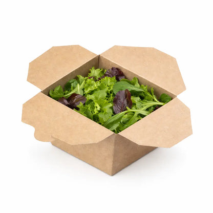 An opened Kraft Food Box No.1 (200 Pack) filled with mixed green salad sits on a white background.