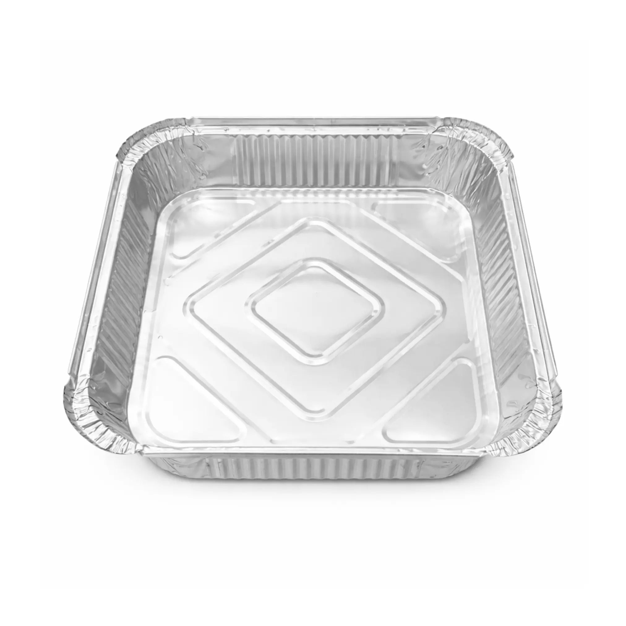 Aluminium Foil Containers No.9 1.5" 180 Pack feature square disposable trays with ribbed sides and a diamond-patterned base, perfect for takeaway food packaging and convenient food storage.