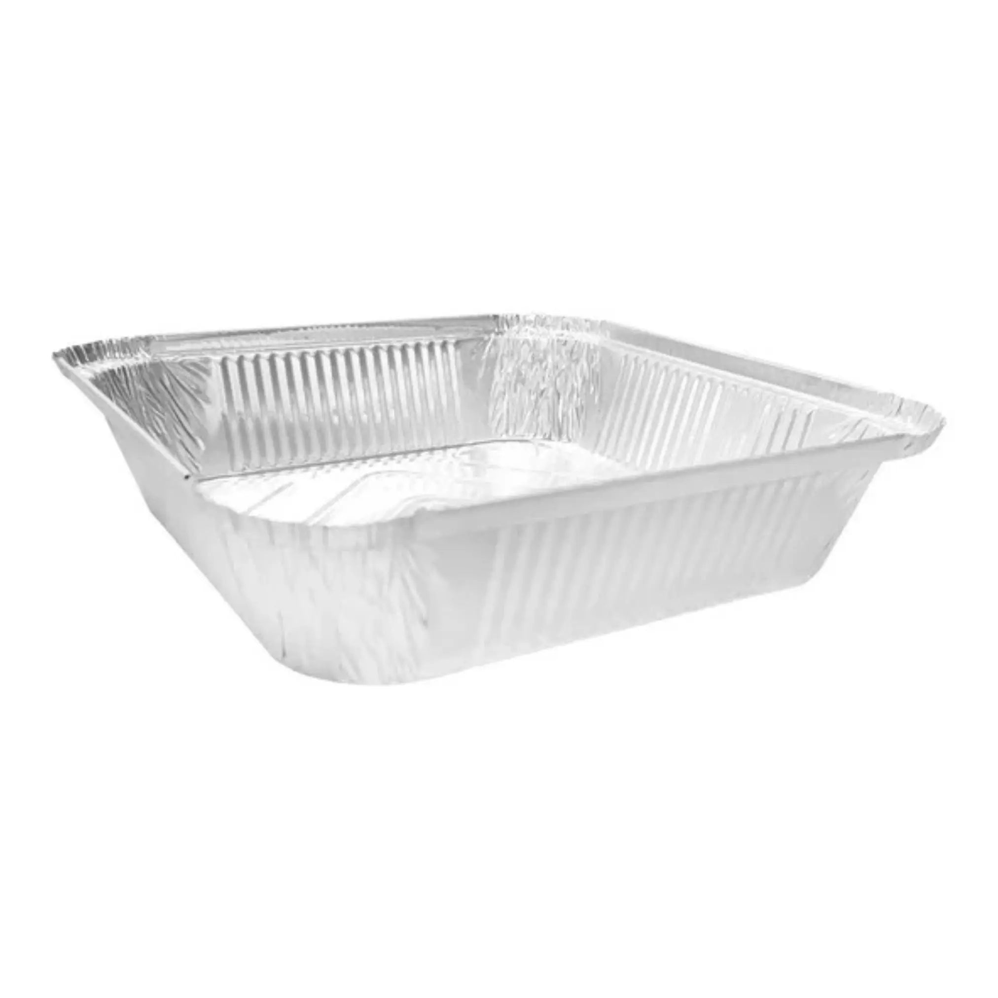 Aluminium Foil Containers No.9 2" (180 Pack) are rectangular, disposable trays with ridged sides, perfect for takeaway food packaging and shown on a plain white background.