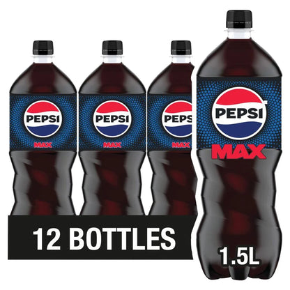 Pepsi Max 1.5L Bottles 12 Pack—sugar-free soft drinks, ideal for those seeking wholesale bulk beverages.