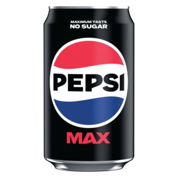 Pepsi Max 24 x 330ml: Black cans of sugar-free cola with the red, white, and blue Pepsi logo plus "Maximum Taste No Sugar" and "Max" text—ideal for soft drinks wholesale.