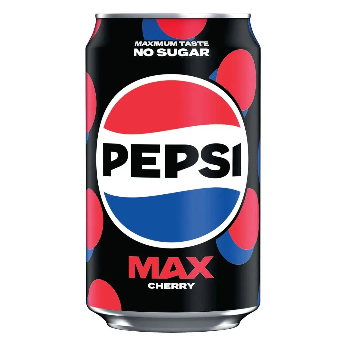 A can of Pepsi Max Cherry 330ml, part of a 24-pack, with a black background, red and blue circles, bold PEPSI logo, and text: MAXIMUM TASTE NO SUGAR and MAX CHERRY.