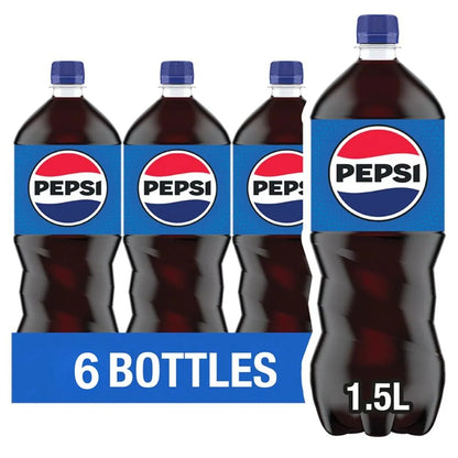 Pepsi Original 6 x 1.5L features six blue-labeled bottles in a pack marked “6 BOTTLES”—ideal for stocking up on wholesale soft drinks.