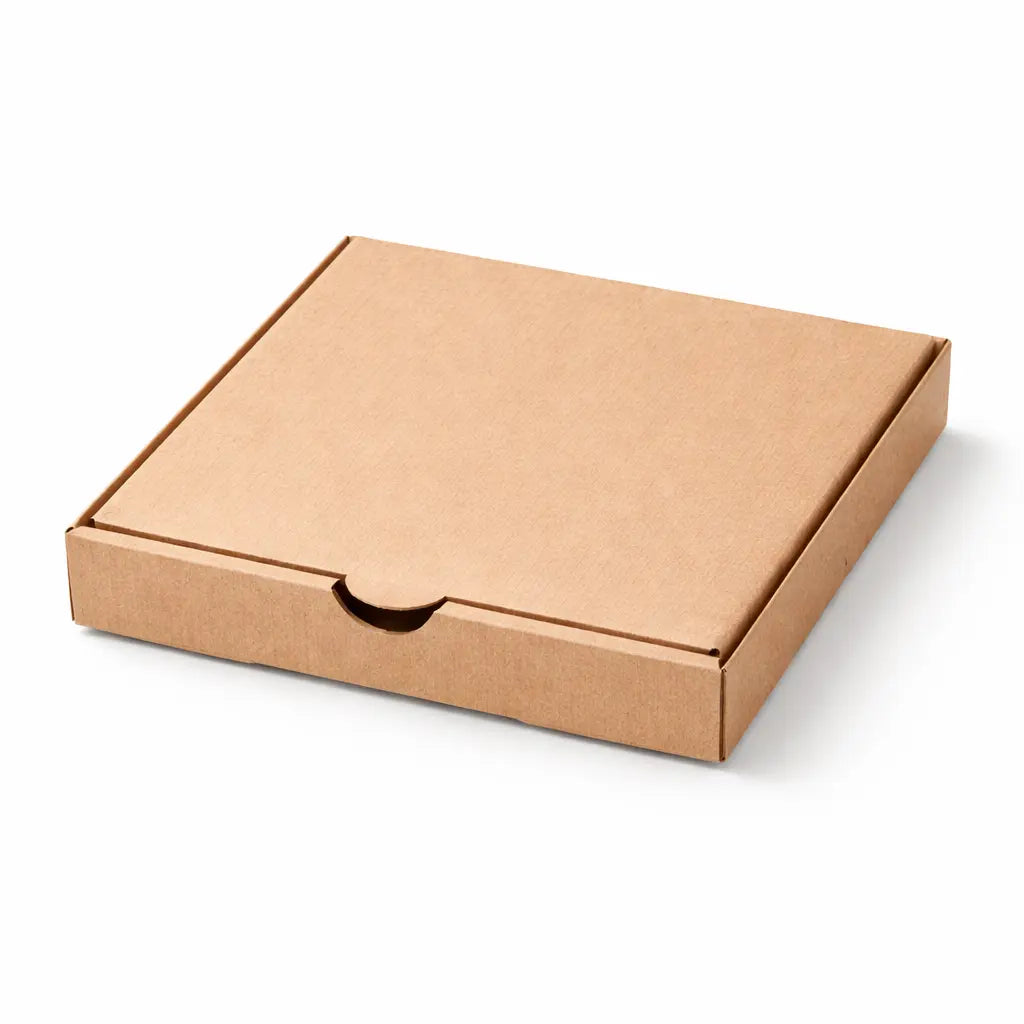 A closed Plain Brown Pizza Box 7" from the 90 Pack is displayed on a white background, ideal for takeaway pizza packaging.