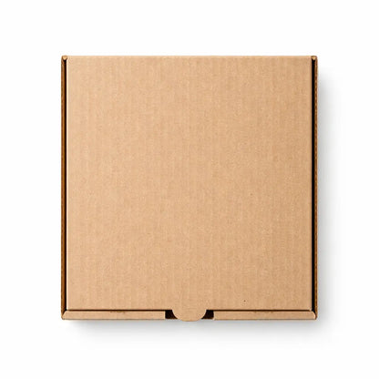 A Plain Brown Pizza Box 12" from the 90 pack is closed and sits on a white background, viewed from above, ready for takeaway pizza packaging.