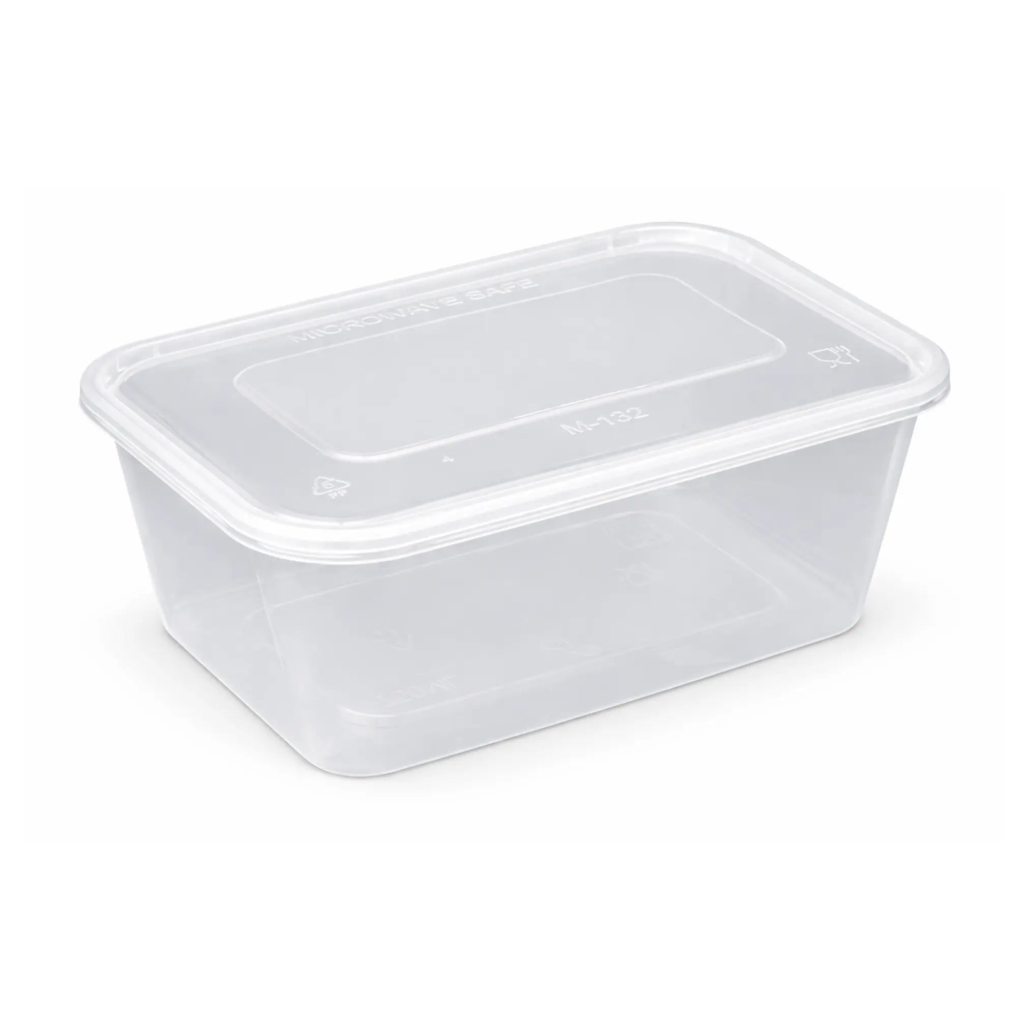 Heavy Duty Containers & Lids 750ml 225 Pack: clear, rectangular plastic food storage containers with fitted lids, ideal for heavy duty use.