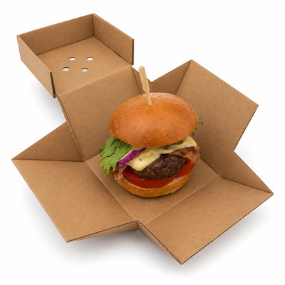 A cheeseburger topped with lettuce, tomato, onion, and cheese is displayed from above in an open Kraft Burger Box 90 Pack on a white background.