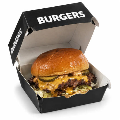 A cheeseburger with pickles, lettuce, and sauce, served in a Printed Burger Box from the Mixed Colours 200 Pack, set against a white background.