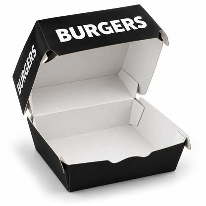 Open, empty mixed colour printed burger box from the “Printed Burger Boxes Mixed Colours 200 Pack” with bold white “BURGERS” lettering on the lid and side, isolated on a white background—an ideal choice for stylish and practical takeaway food packaging.