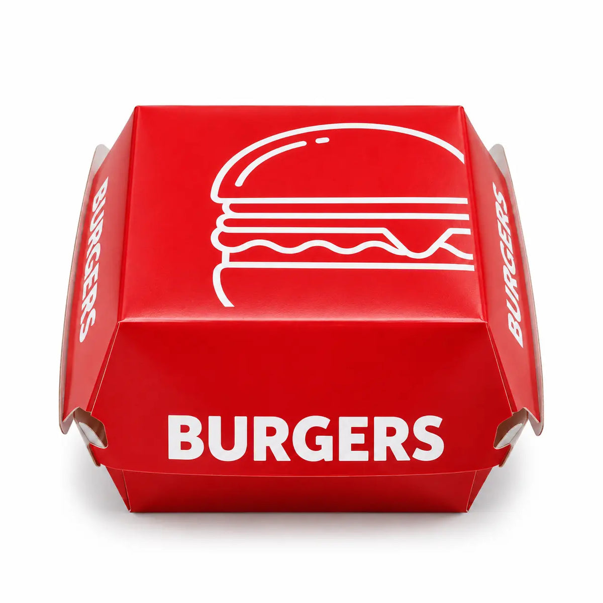 A closed burger box from the Printed Burger Boxes Mixed Colours 200 Pack is shown in red with a simple burger graphic and bold white “BURGERS” text on the lid. The recyclable box is photographed against a white background.
