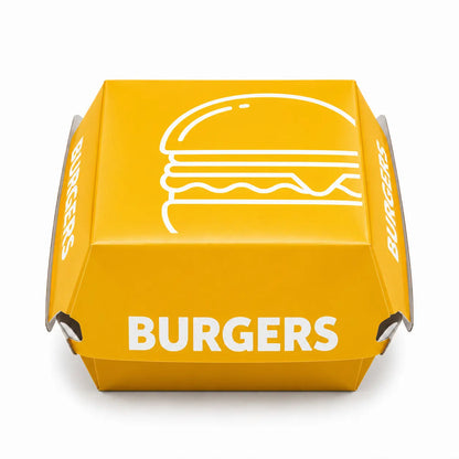 Closed yellow printed burger box from the “Printed Burger Boxes Mixed Colours 200 Pack,” featuring a burger illustration and the word “BURGERS” on the lid and sides, displayed on a white background. These recyclable boxes are both practical and visually appealing for serving takeaway orders.