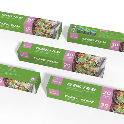 Box of Purewrap cling film, 20 meters long, for wrapping food. Box shows images of fresh vegetables in a bowl.