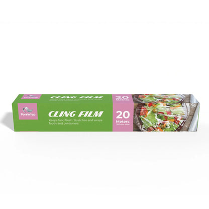 Box of Purewrap cling film, 20 meters long, for wrapping food. Box shows images of fresh vegetables in a bowl.