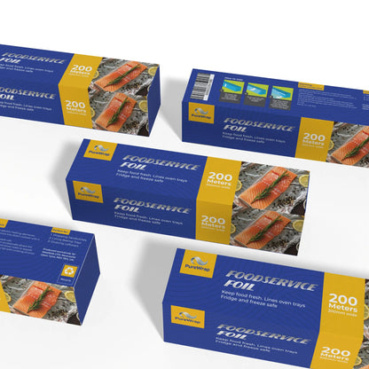 Boxes of Purewrap foodservice aluminium foil 200m x 300mm, packaging shows salmon wrapped in foil with lemon slices and herbs.