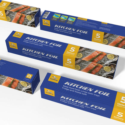 Four boxes of Purewrap Kitchen Foil 5m x 300mm are displayed on a white surface. The packaging shows food images, emphasizing its use as kitchen foil for effective food preservation.