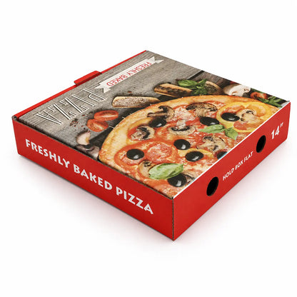 Red Pizza Box 14 Inch 40 Pack—features “FRESHLY BAKED PIZZA” text and a veggie pizza image; perfect for wholesale buyers or anyone needing quality 14-inch pizza boxes.