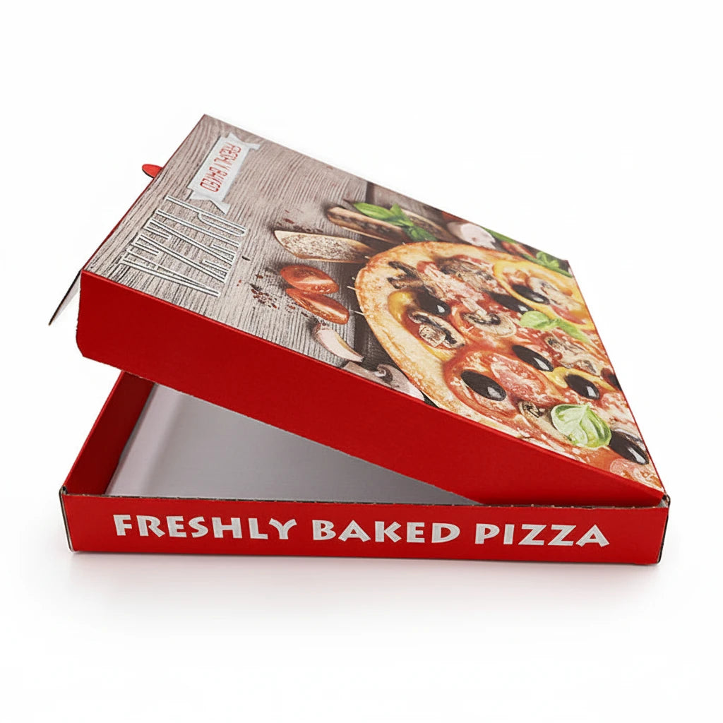 A Red Pizza Box 14 Inch 40 Pack is partially open, revealing its empty interior and a pizza image with toppings on the lid—ideal for featuring 14-inch pizza box options at your pizza box wholesale store.