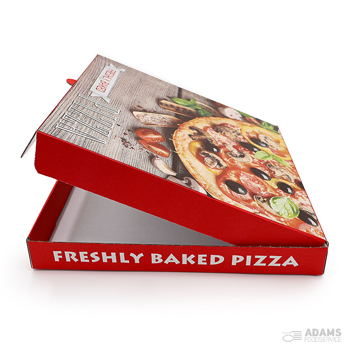 A Red Pizza Box 14 Inch 40 Pack is partially open, revealing its empty interior and a pizza image with toppings on the lid—ideal for featuring 14-inch pizza box options at your pizza box wholesale store.