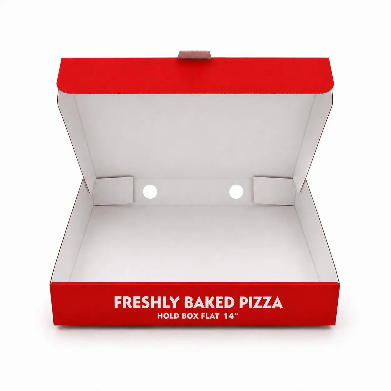 The Red Pizza Box 14 Inch 40 Pack features open, empty red and white boxes with "FRESHLY BAKED PIZZA HOLD BOX FLAT 14”" printed on the front—ideal for pizza box wholesale orders.