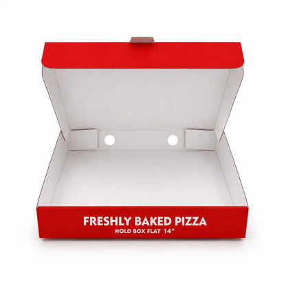 The Red Pizza Box 14 Inch 40 Pack features open, empty red and white boxes with "FRESHLY BAKED PIZZA HOLD BOX FLAT 14”" printed on the front—ideal for pizza box wholesale orders.