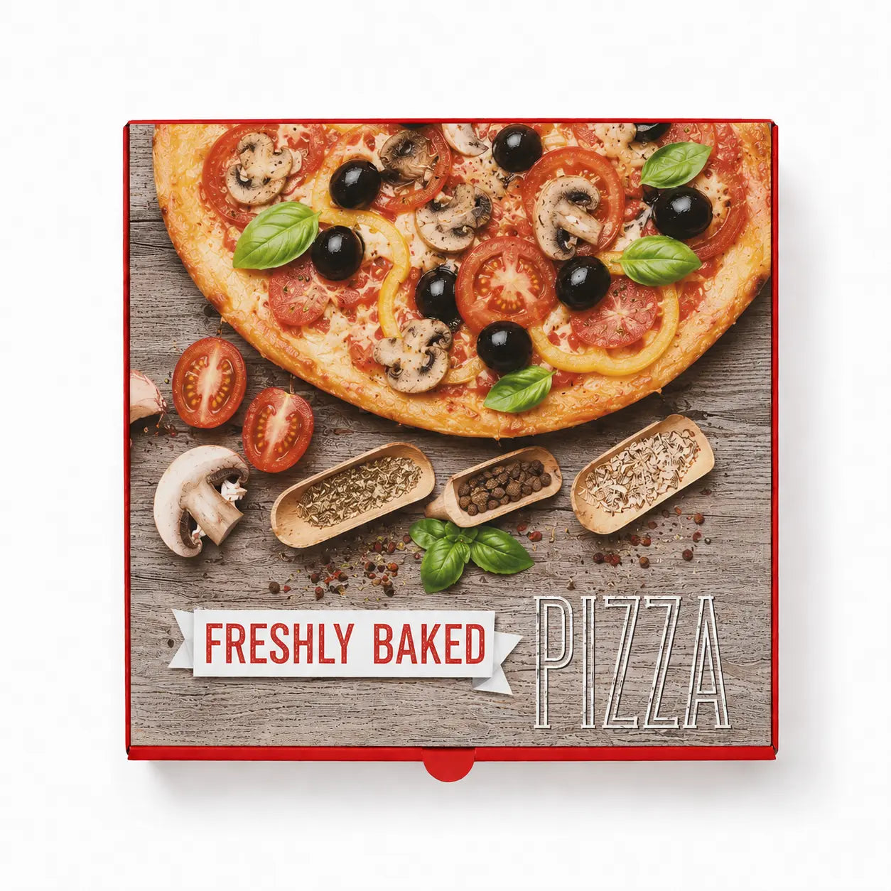 The Red Pizza Box 14 Inch 40 Pack features an image of a vegetable pizza with tomatoes, olives, mushrooms, and herbs on a rustic wooden background labeled "Freshly Baked Pizza." Perfect for pizza shops and wholesale needs.