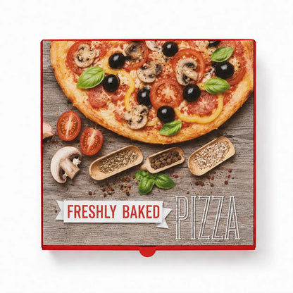 The Red Pizza Box 14 Inch 40 Pack features an image of a vegetable pizza with tomatoes, olives, mushrooms, and herbs on a rustic wooden background labeled "Freshly Baked Pizza." Perfect for pizza shops and wholesale needs.