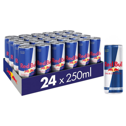 A tray of Red Bull 24 x 250ml, with one can shown separately on the right—ideal for wholesale energy drink needs.