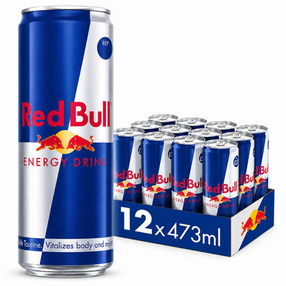 Red Bull 473ml Cans 12 Pack PM, featuring iconic branding, is displayed for wholesale—ideal for bulk energy drink purchases.