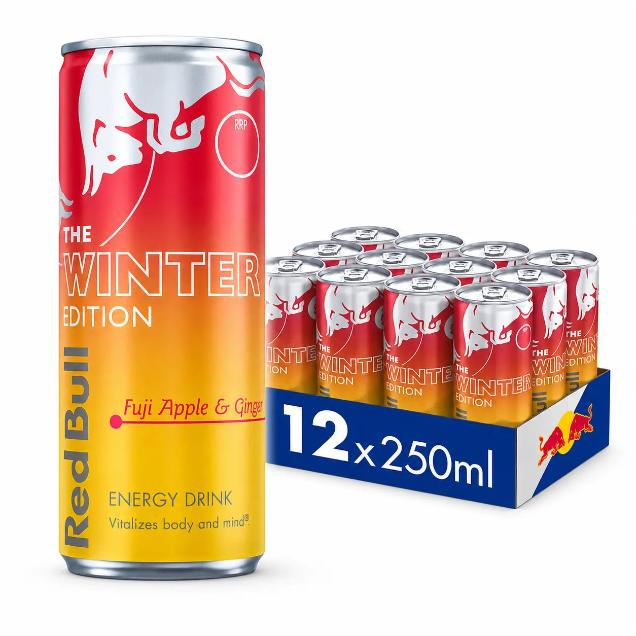 A Red Bull Apple Edition 250ml can sits next to a 12-pack—ideal for bulk buyers or those seeking energy drink wholesale with the Red Bull Apple Edition 250ml Cans 12 Pack PM.