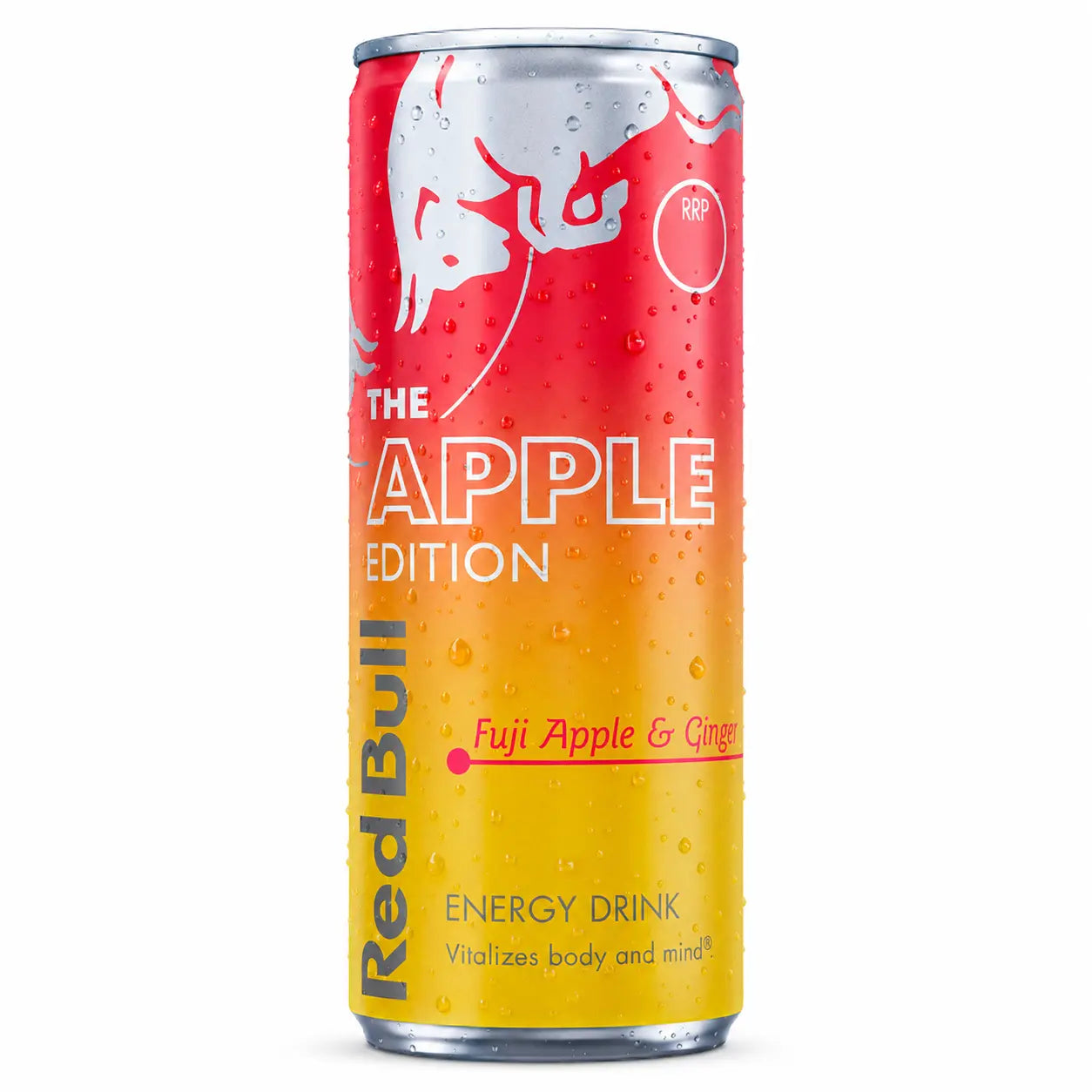 The Red Bull Apple Edition 250ml Cans 12 Pack PM features a bold red and yellow gradient with water droplets, offering Fuji Apple & Ginger flavor—ideal for those seeking energy drinks in bulk.