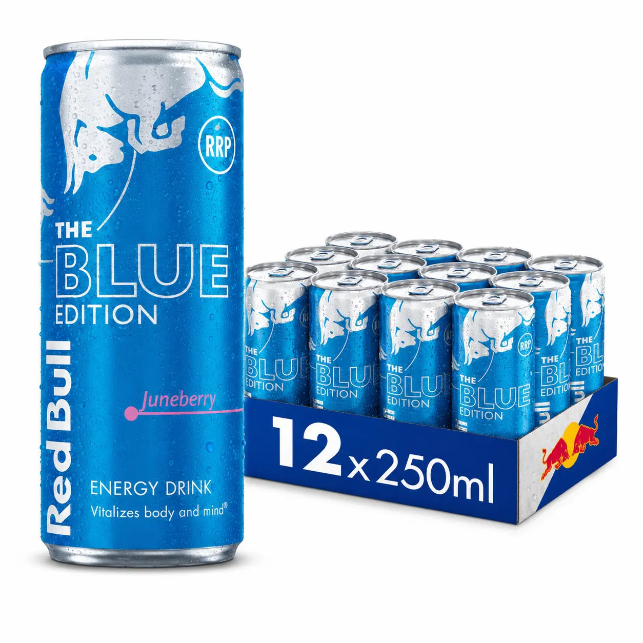 A Red Bull Blue Edition 250ml can (12 Pack PM) sits next to its case, perfect for those wanting to stock up on this energizing drink in bulk.
