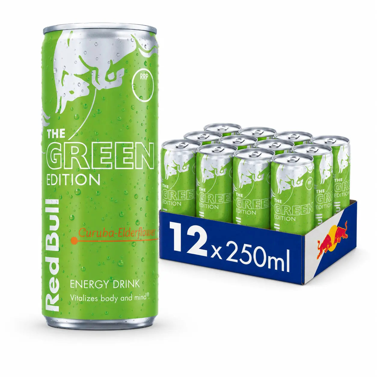 A Red Bull Green Edition 250ml Cans 12 Pack PM is shown, offering a convenient wholesale option for those seeking bulk energy drinks.