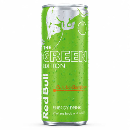A 12-pack of Red Bull Green Edition 250ml cans, featuring the Curuba-Elderflower flavor and signature green design—ideal for bulk wholesale or restocking needs.