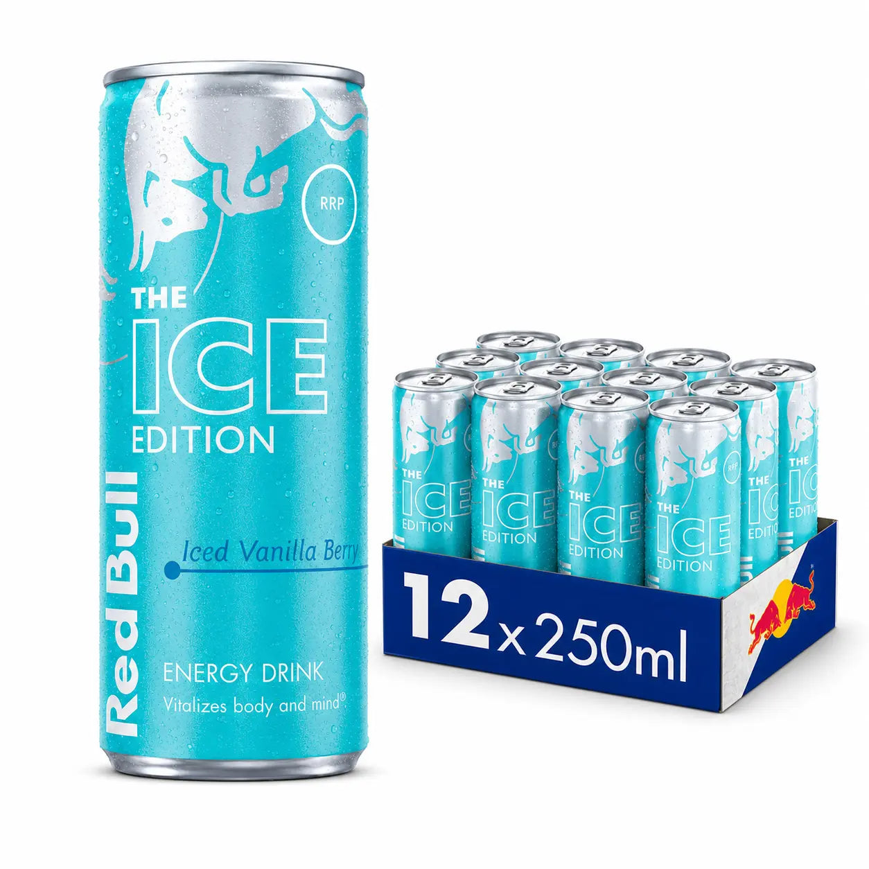 A can of Red Bull Winter Edition 250ml is displayed beside a 12-pack case (Red Bull Winter Edition 250ml Cans 12 Pack PM), ideal for wholesale or stocking up on your favorite energy drink.