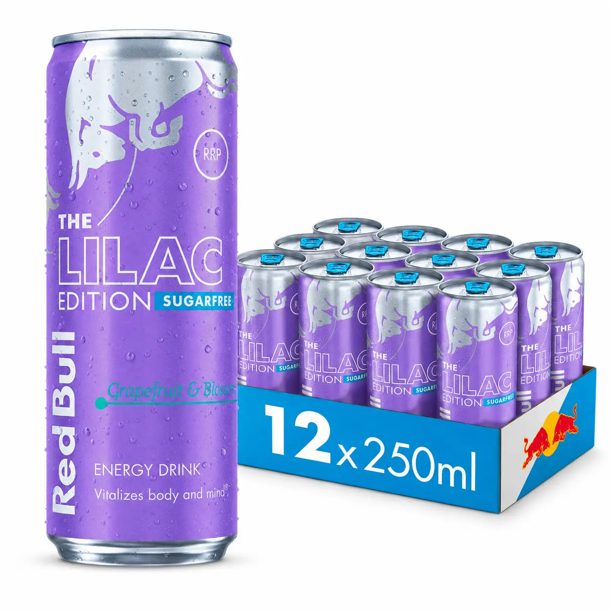 A Red Bull Lilac Edition 250ml can is shown next to a 12-pack, highlighting the Red Bull Lilac Edition 250ml Cans 12 Pack PM—perfect for those seeking bulk energy drinks.