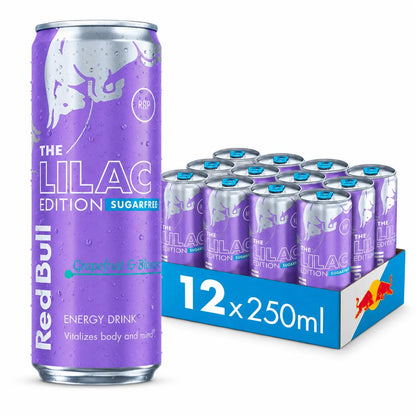 A Red Bull Lilac Edition 250ml can is shown next to a 12-pack, highlighting the Red Bull Lilac Edition 250ml Cans 12 Pack PM—perfect for those seeking bulk energy drinks.