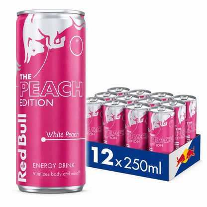 A Red Bull Peach Edition 250ml Cans 12 Pack PM is pictured, featuring White Peach flavor—perfect for those wanting wholesale bulk energy drink options.