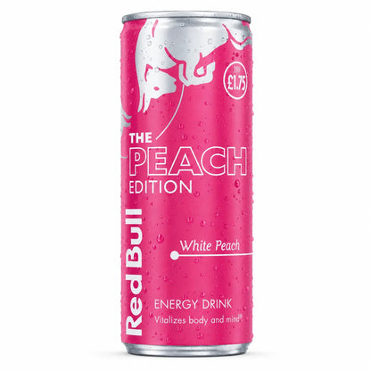 Red Bull Peach Edition 250ml Cans 12 Pack PM offers a refreshing white peach flavor in sleek pink cans, perfect for bulk wholesale needs.