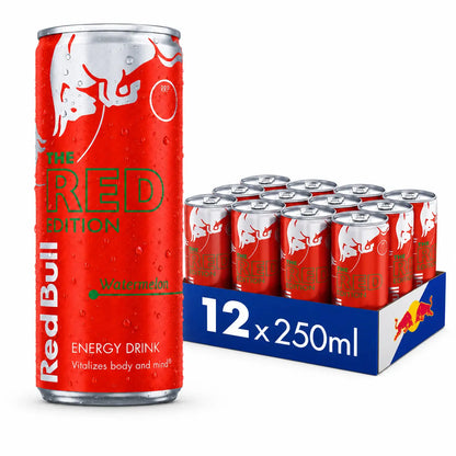 A 250ml can of Red Bull Watermelon Edition is shown next to its 12-pack case, ideal for bulk purchases or wholesale refreshment seekers.