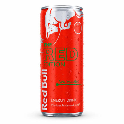 A chilled can of Red Bull Watermelon Edition (250ml), available in a 12-pack—ideal for solo refreshment or convenient bulk wholesale purchases.