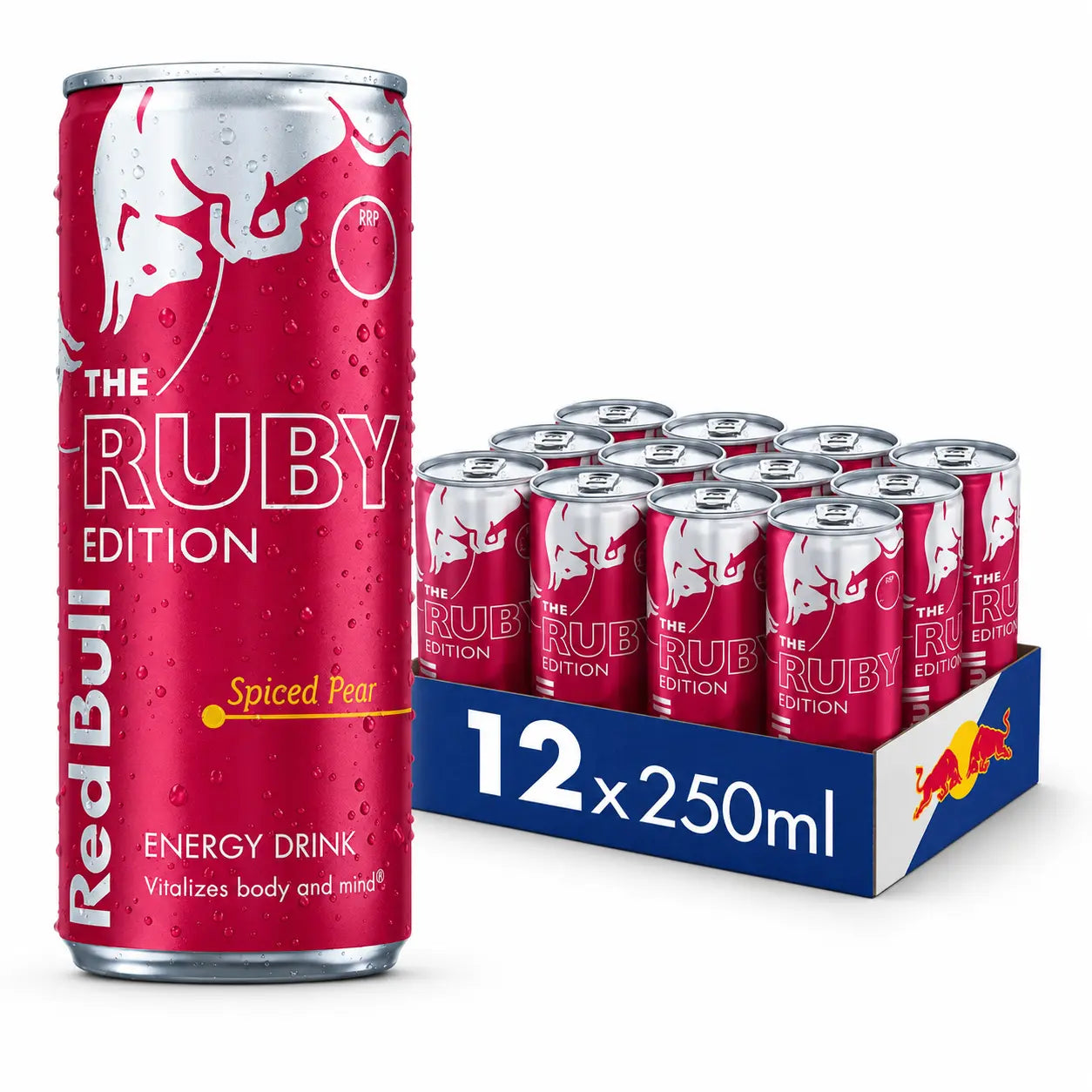 Red Bull Ruby Edition 250ml Cans 12 Pack PM is shown, ideal for those wanting a unique spiced pear energy drink or buying energy drinks wholesale.