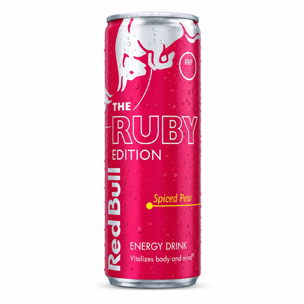 A 12-pack of Red Bull Ruby Edition 250ml cans, featuring a spiced pear flavor—ideal for fans of unique tastes or for those buying energy drinks wholesale.