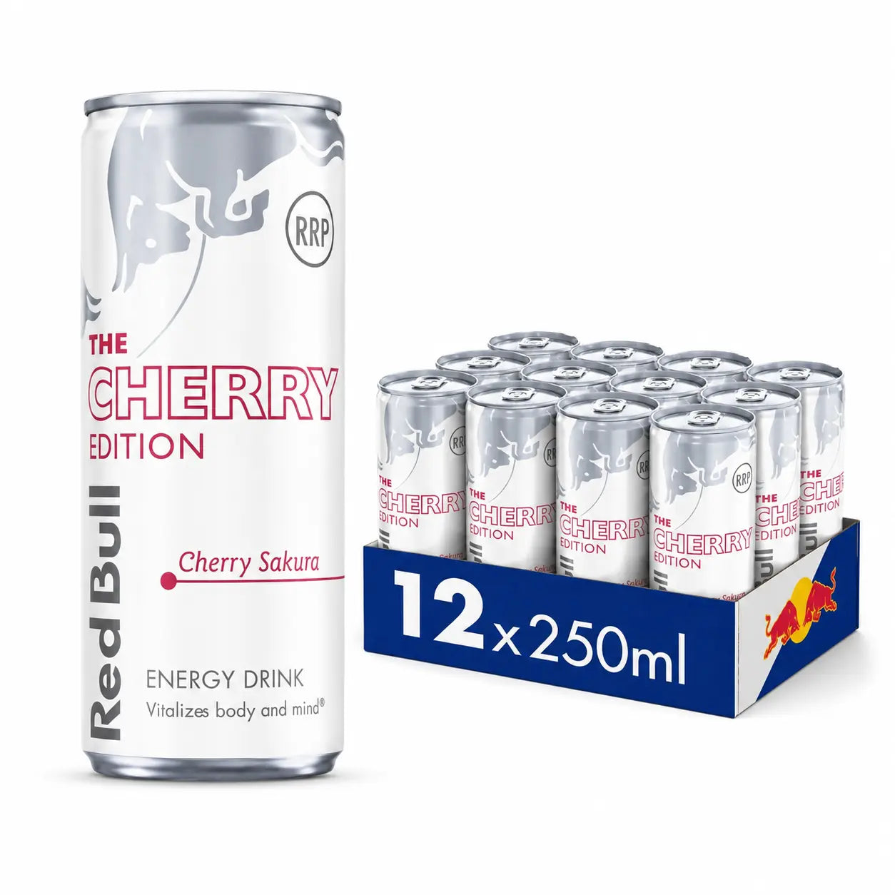 A can of Red Bull Spring Edition 250ml stands beside a tray labeled “Red Bull Spring Edition 250ml Cans 12 Pack PM,” containing twelve 250ml cans.