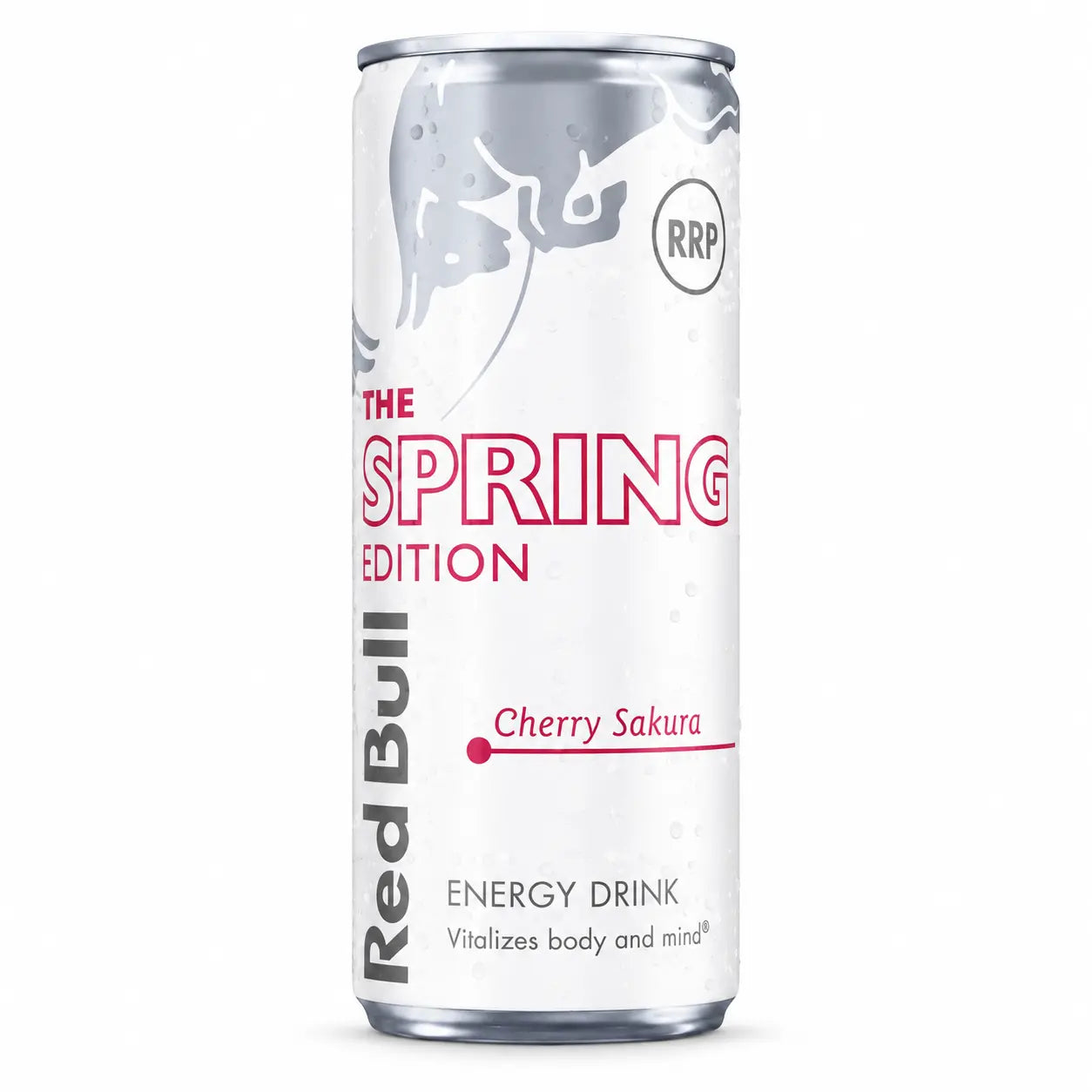 A silver Red Bull Spring Edition 250ml can from the 12 Pack PM, labeled Cherry Sakura flavor, displays pink and gray text and graphics.